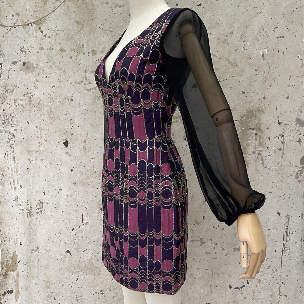 Trina Turk 60’s Style Op-Art Pattern Dress With Silk Chiffon Sleeves, Small - Picture 7 of 9